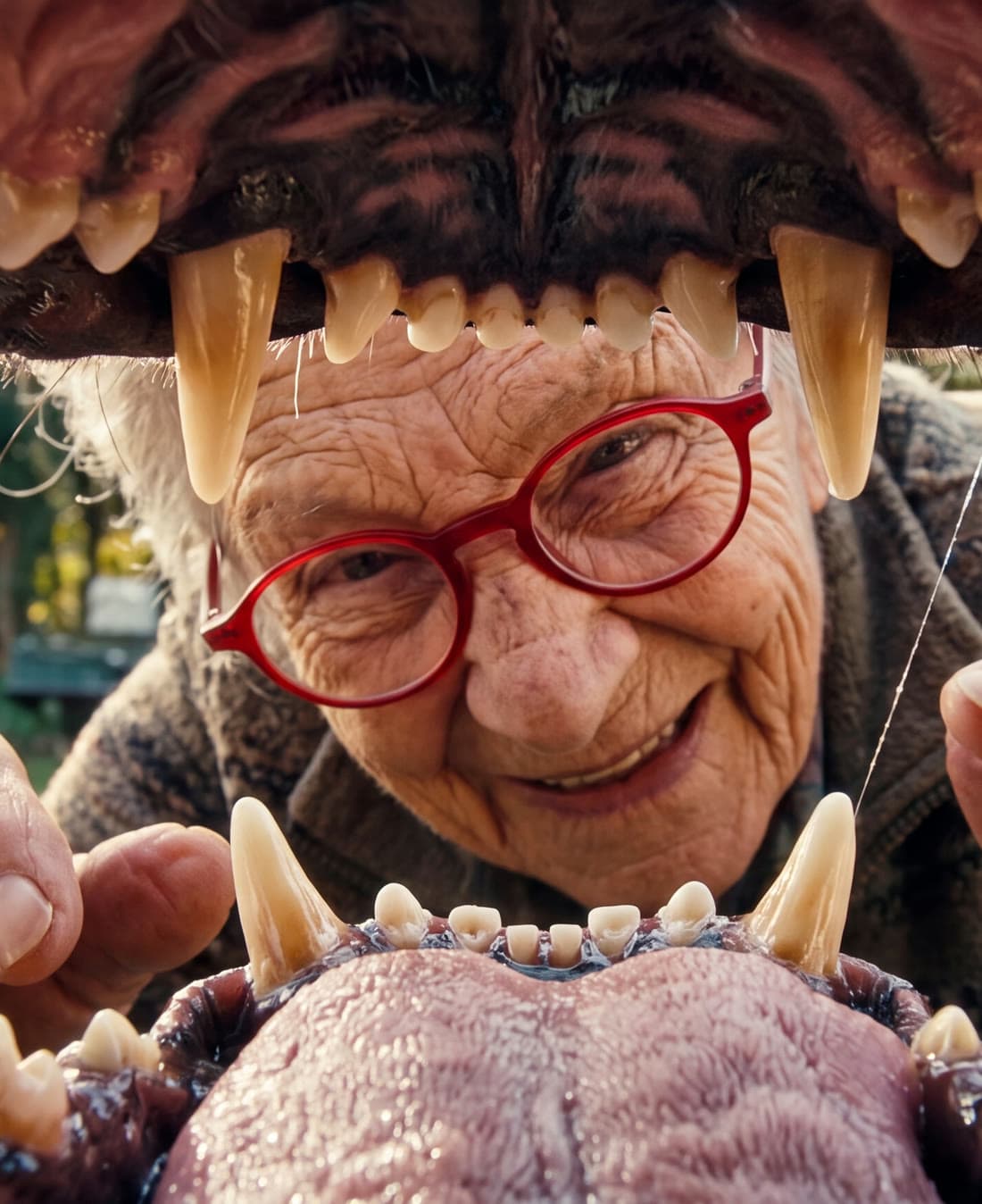 An elderly woman in red glasses peering into the open jaws of a giant creature