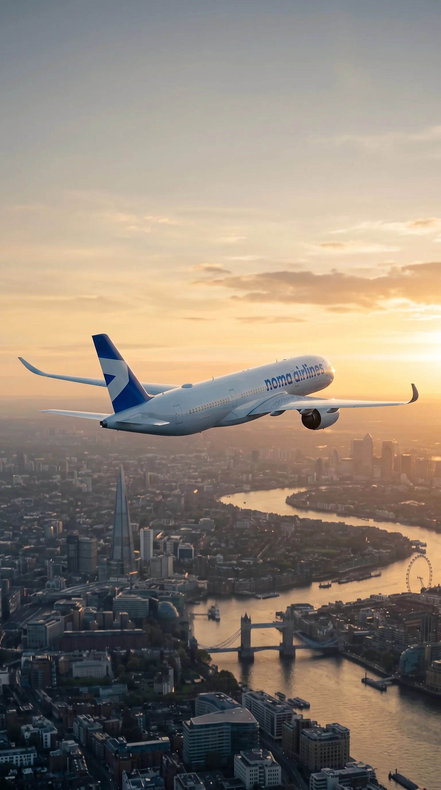 An airliner above London at sunrise