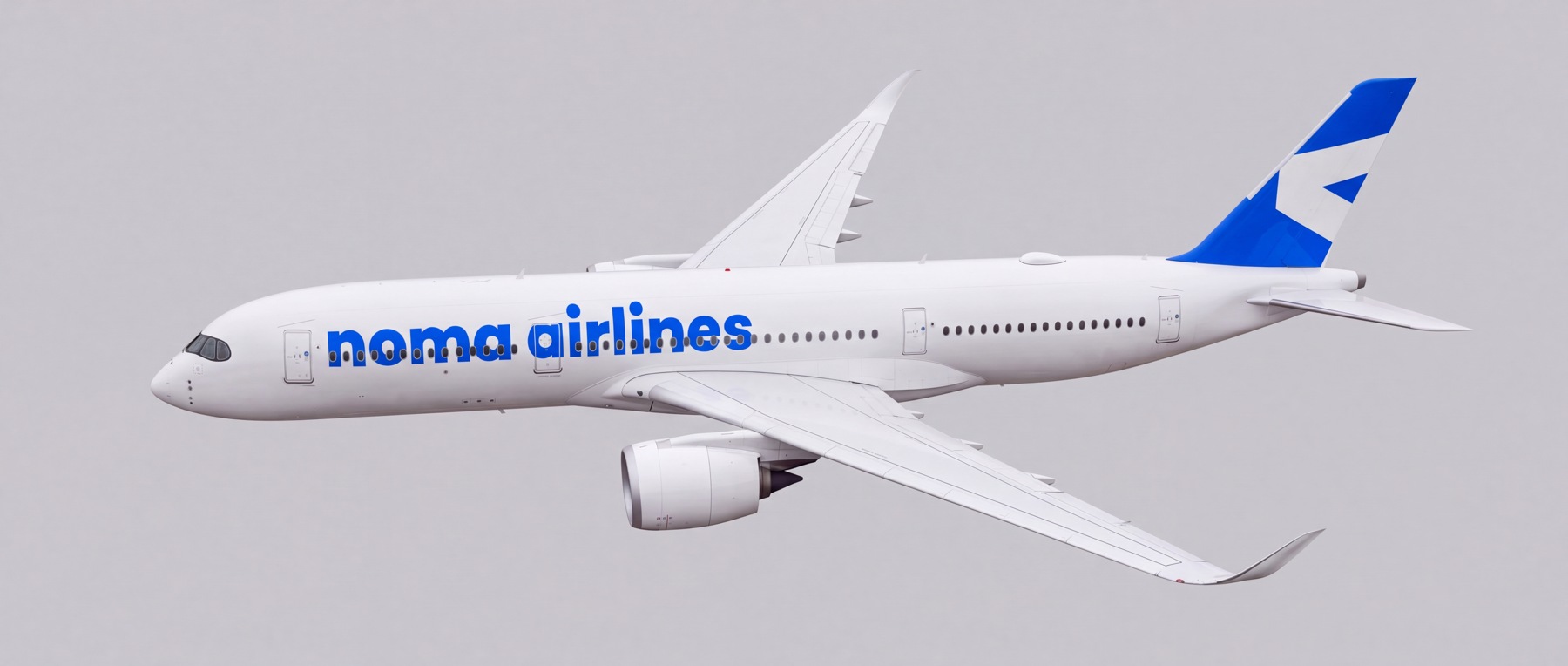 Noma Airlines Airbus A350 at a three-quarter 45-degree angle on a grey background