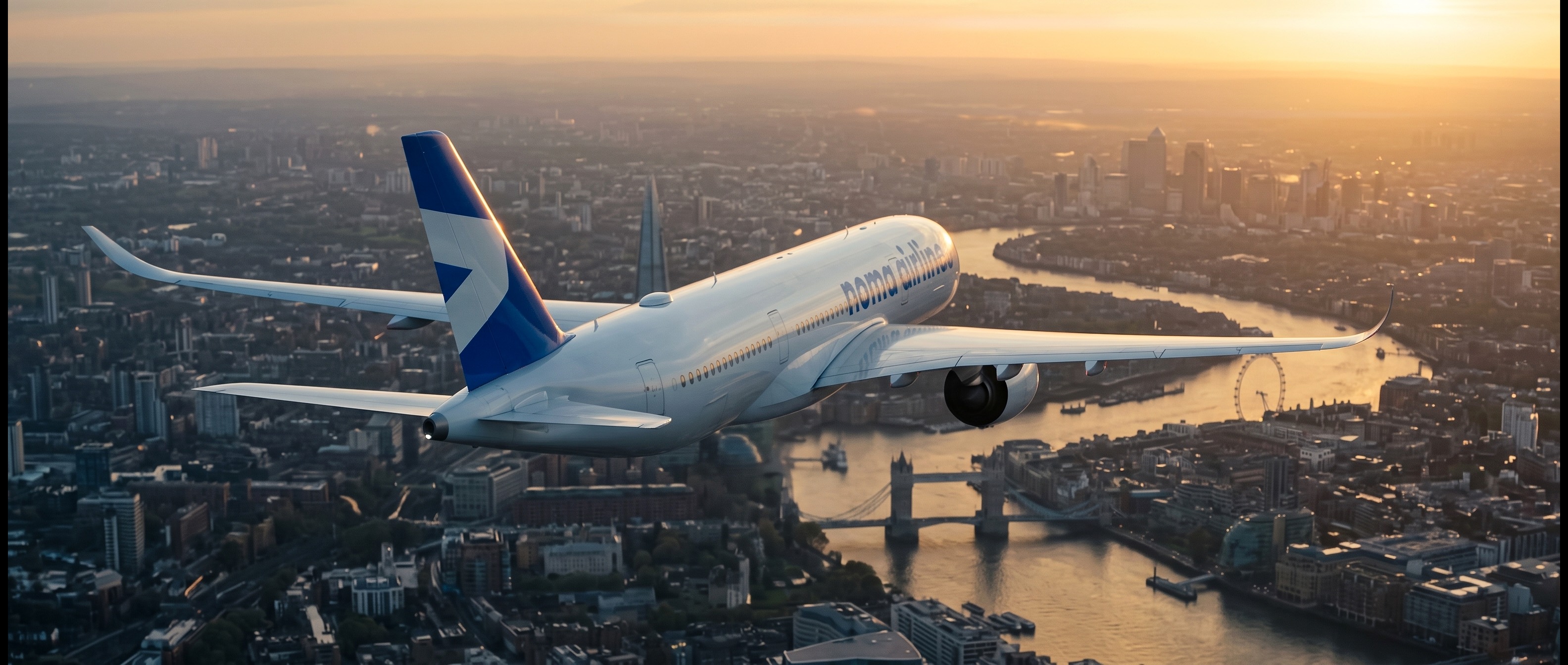 A Noma Airlines A350 over London at golden hour
