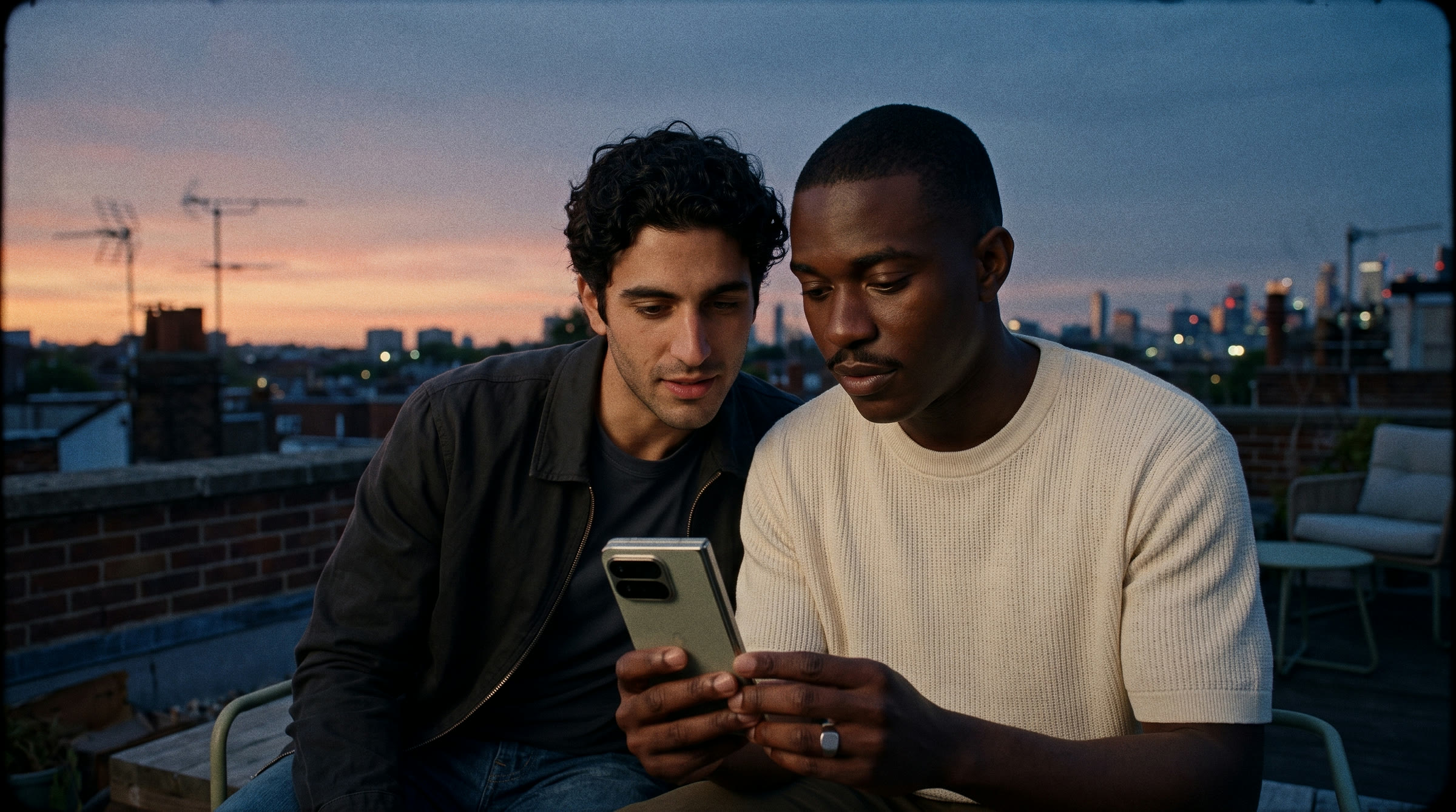 Two friends looking at a phone together on a rooftop at dusk