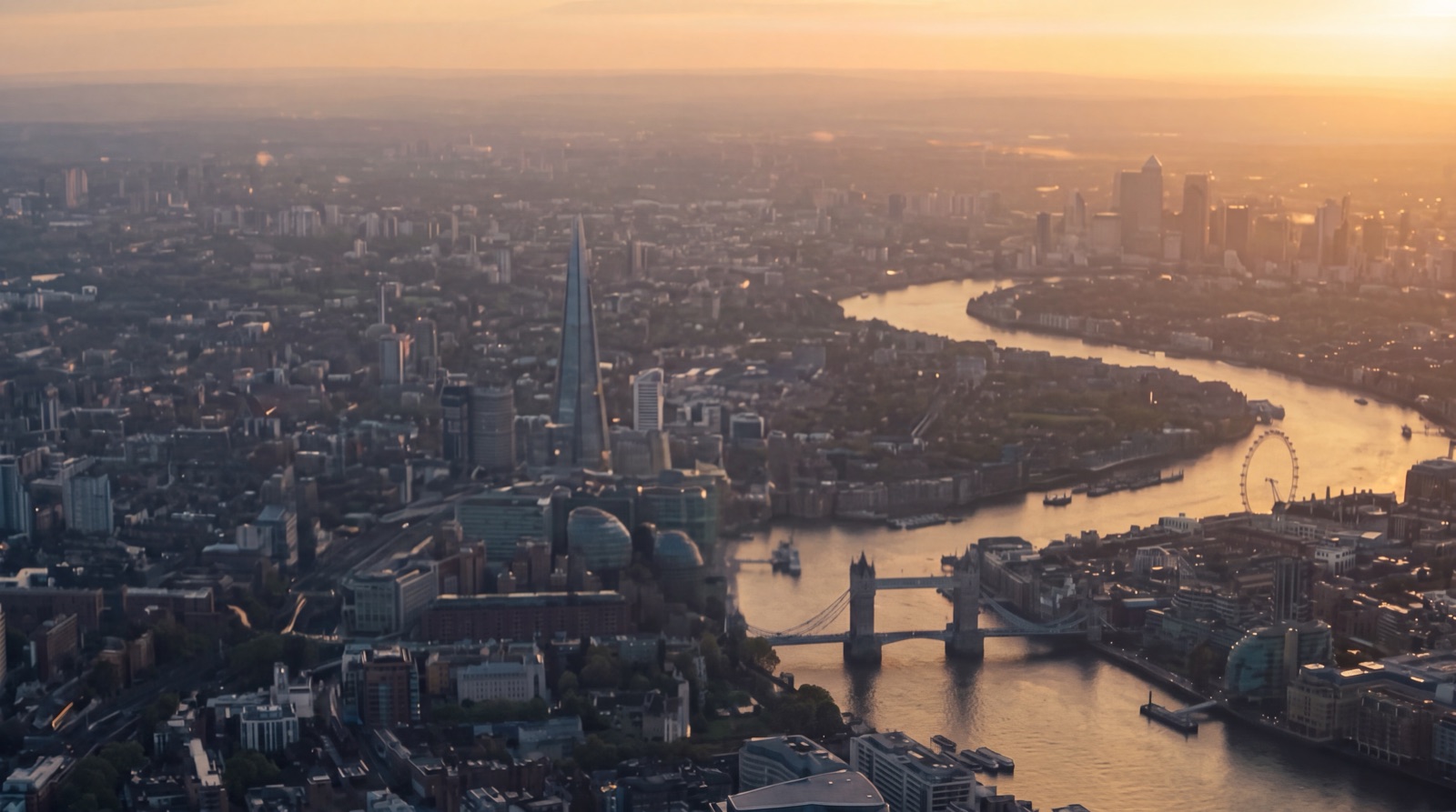 Aerial London reference: Tower Bridge and the Thames in golden-hour light