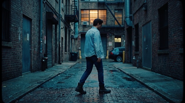 A person walking through a city courtyard at night