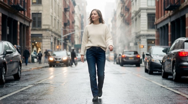A woman walking through the city in denim