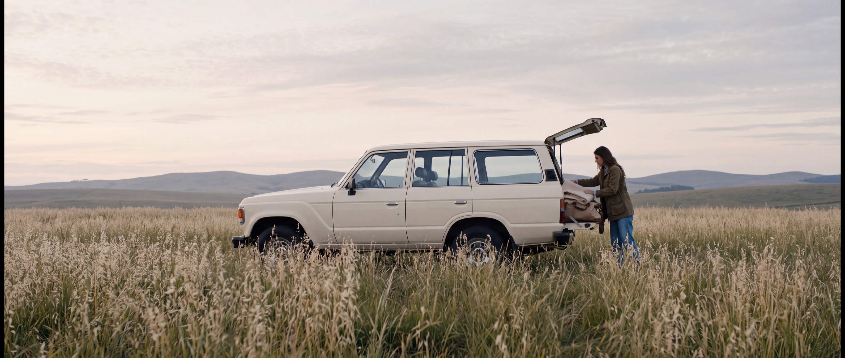 A traveller at a car on an open grassland road