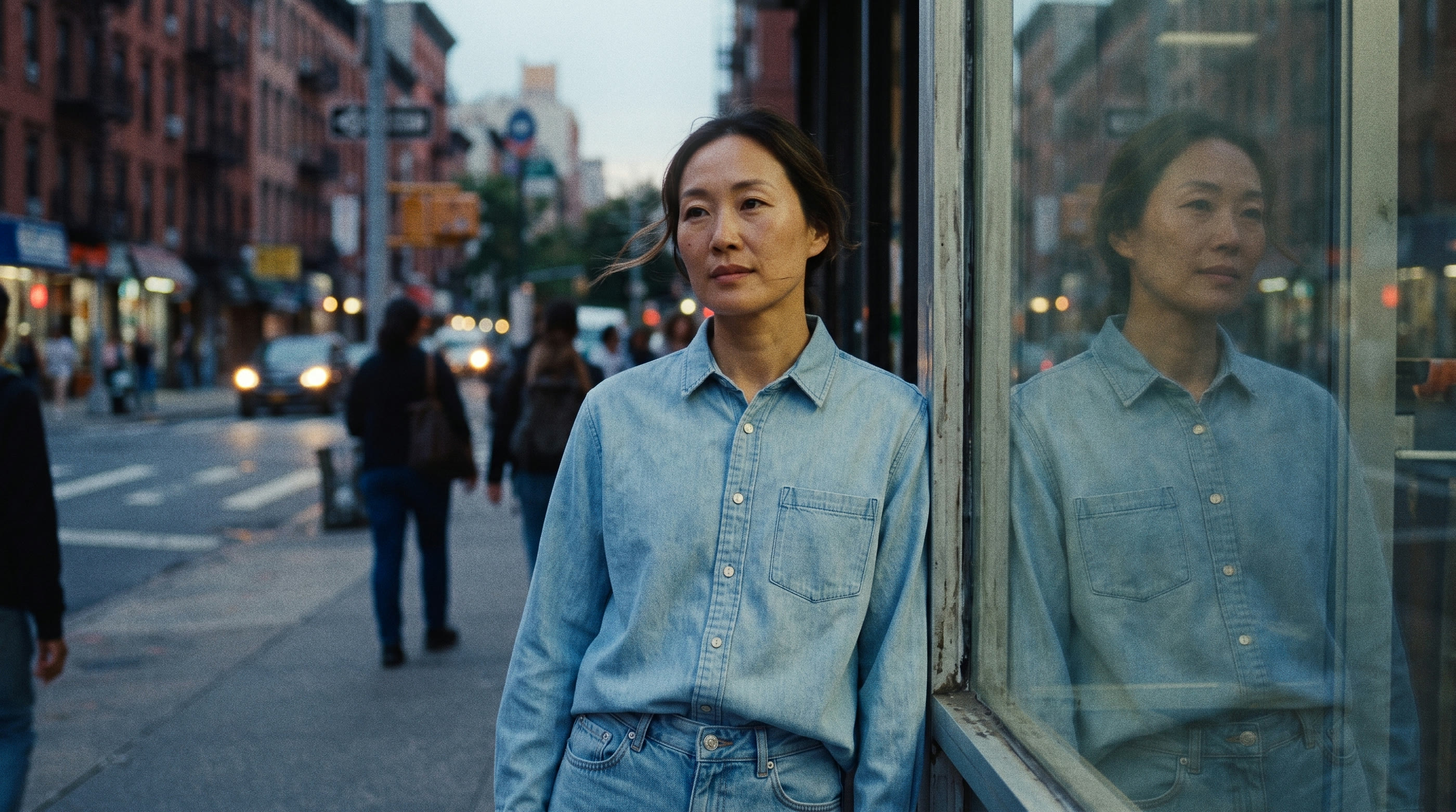 A woman in a denim shirt leaning on a shop window on a city street, her reflection beside her
