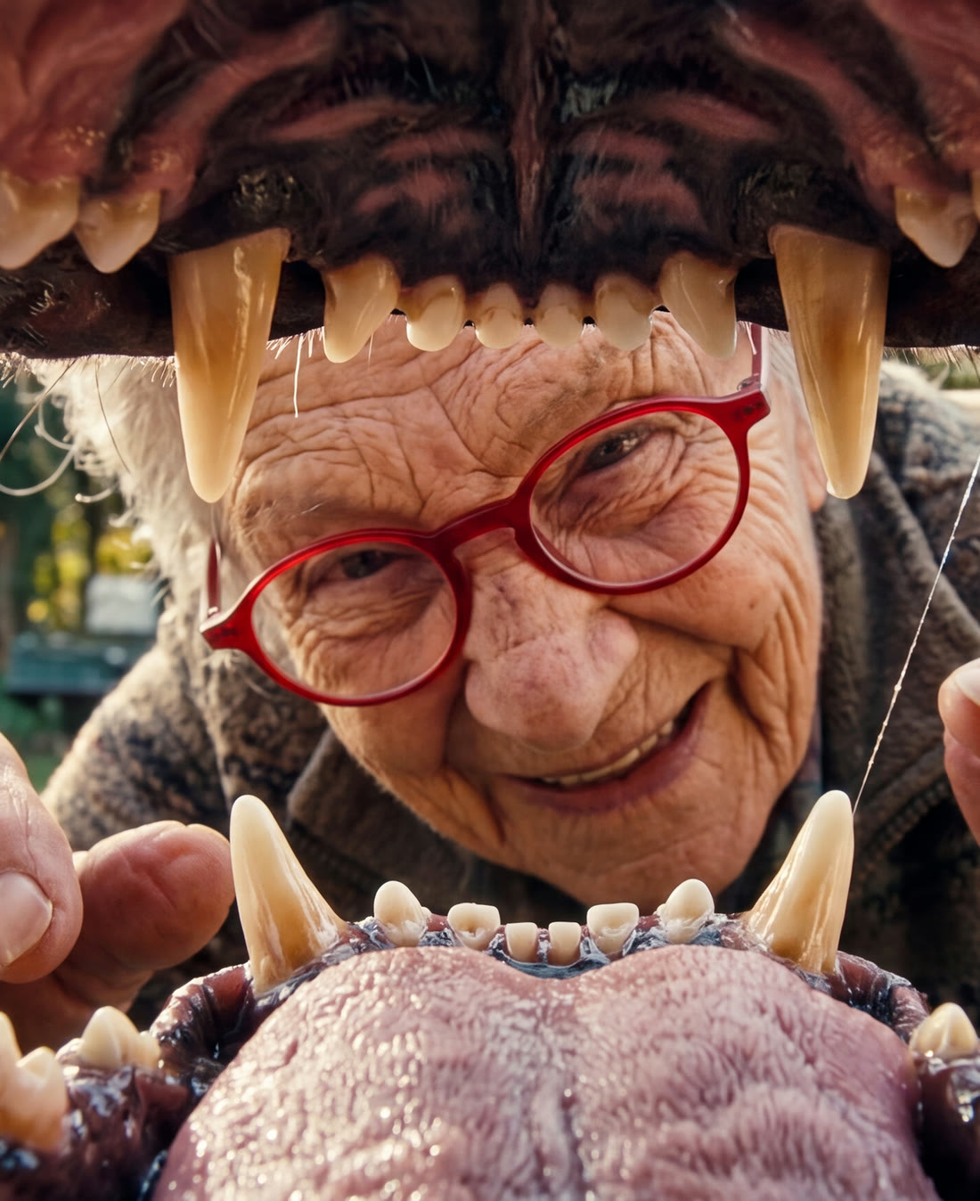An elderly woman in red glasses peering into the open jaws of a giant creature