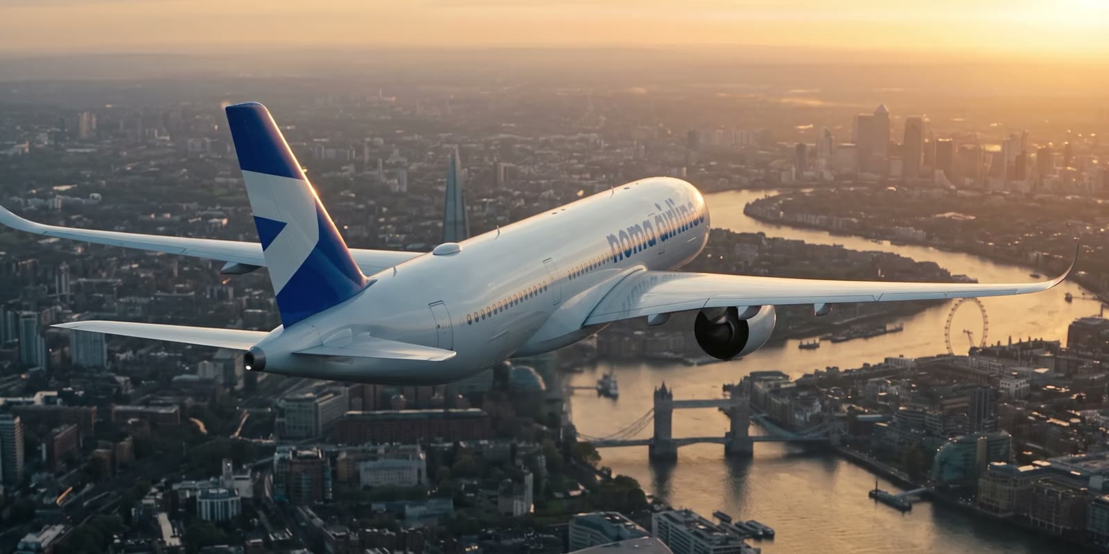 A Noma Airlines A350 above London at golden hour, then a runner racing a race car and a team at a volcano's rim